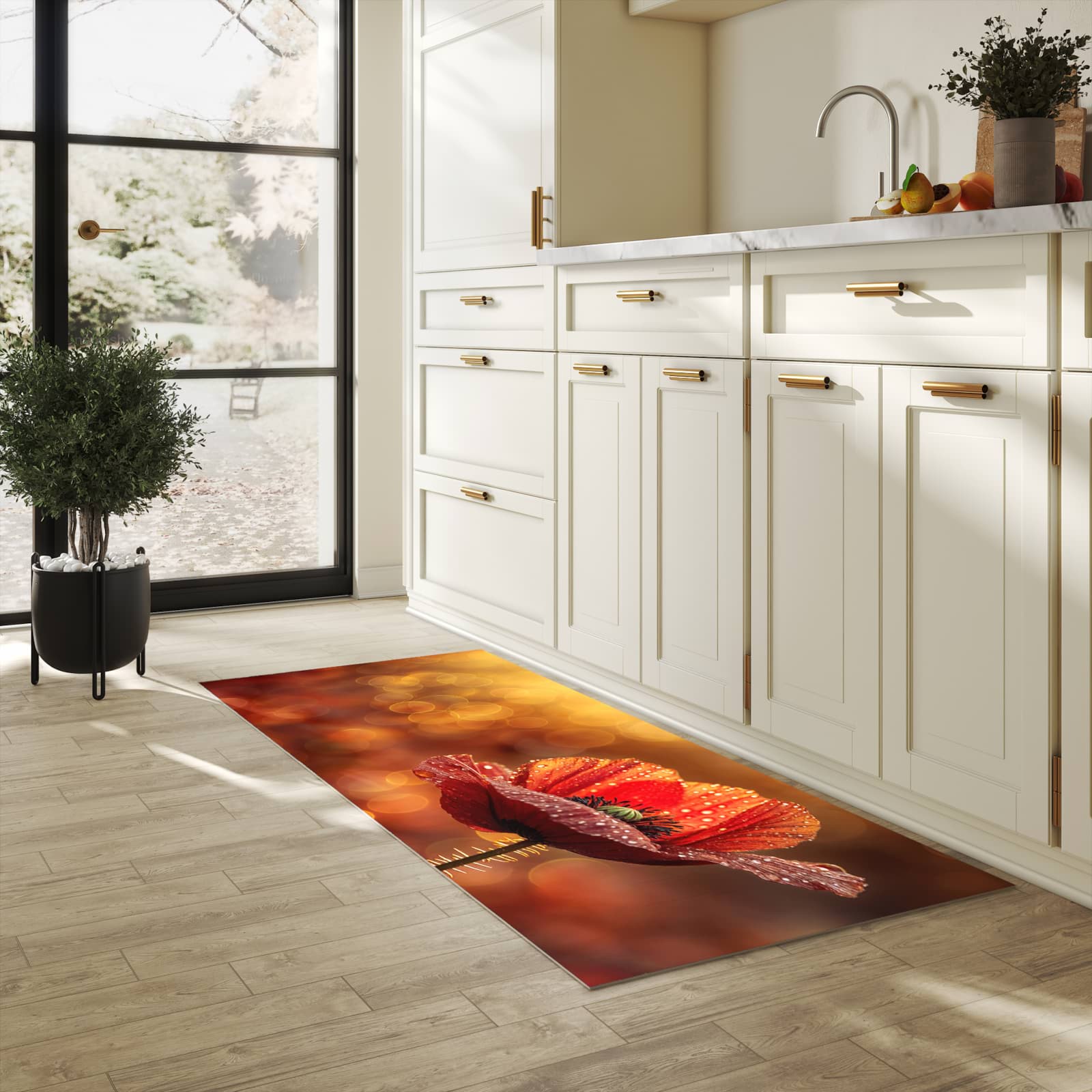 Abriebfester großer Küchenteppich mit Motiv Blühende Mohnblume in heller Küche