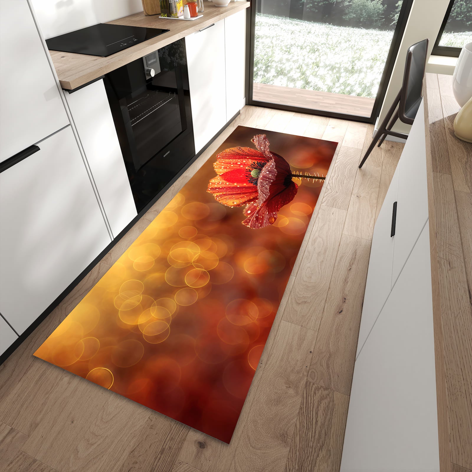 Waschbarer Küchenläufer mit Motiv Blühende Mohnblume für Ordnung in moderner Küche