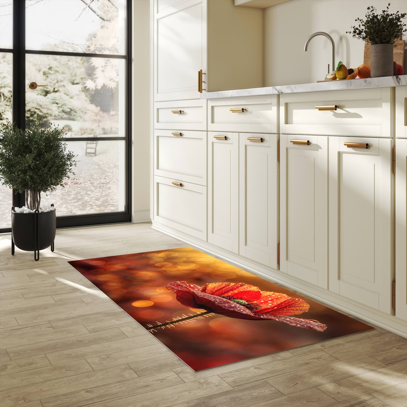 Fleckenresistenter Küchenläufer mit Motiv Blühende Mohnblume in heller Küche