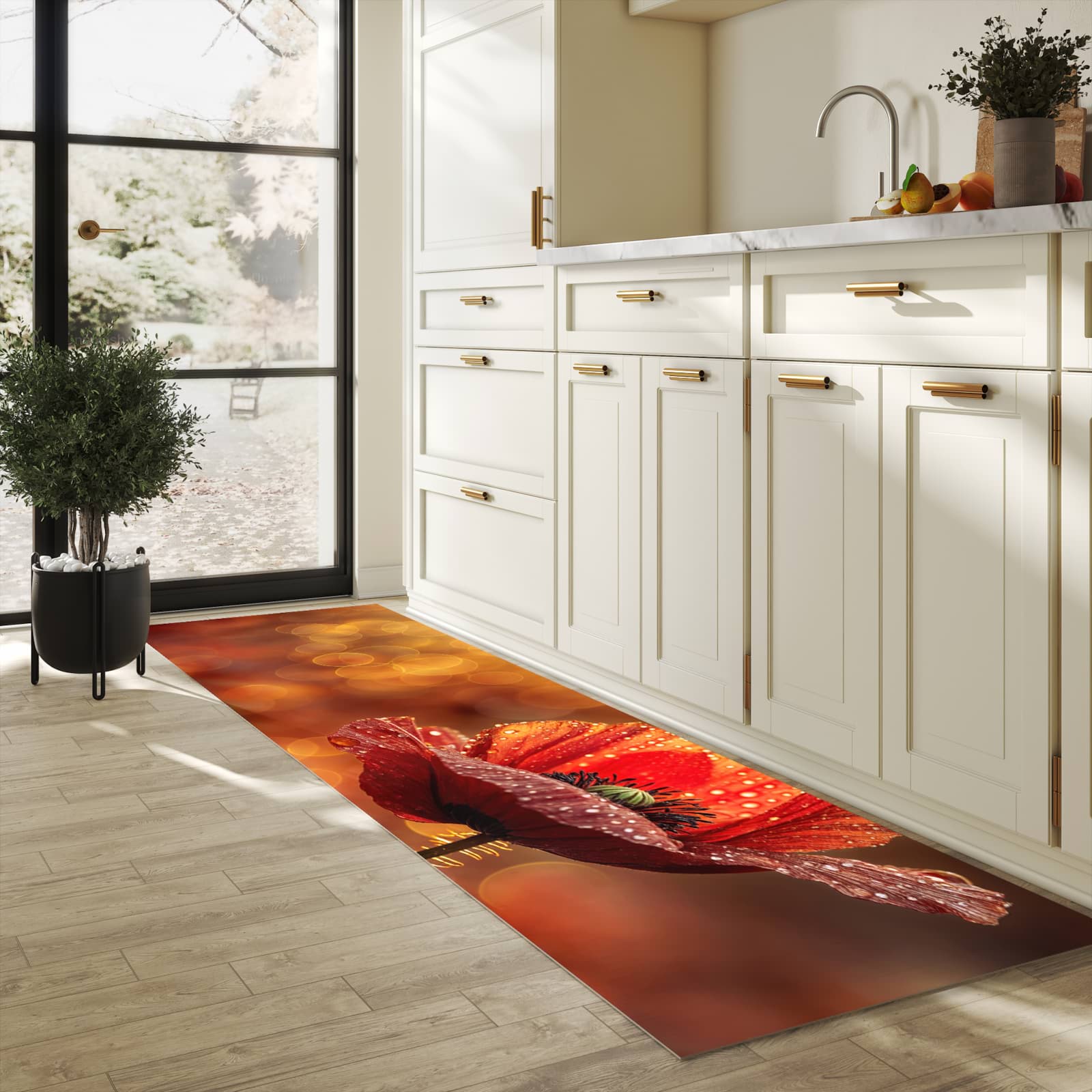 Wasserabweisender Küchenläufer mit Motiv Blühende Mohnblume in heller Küche