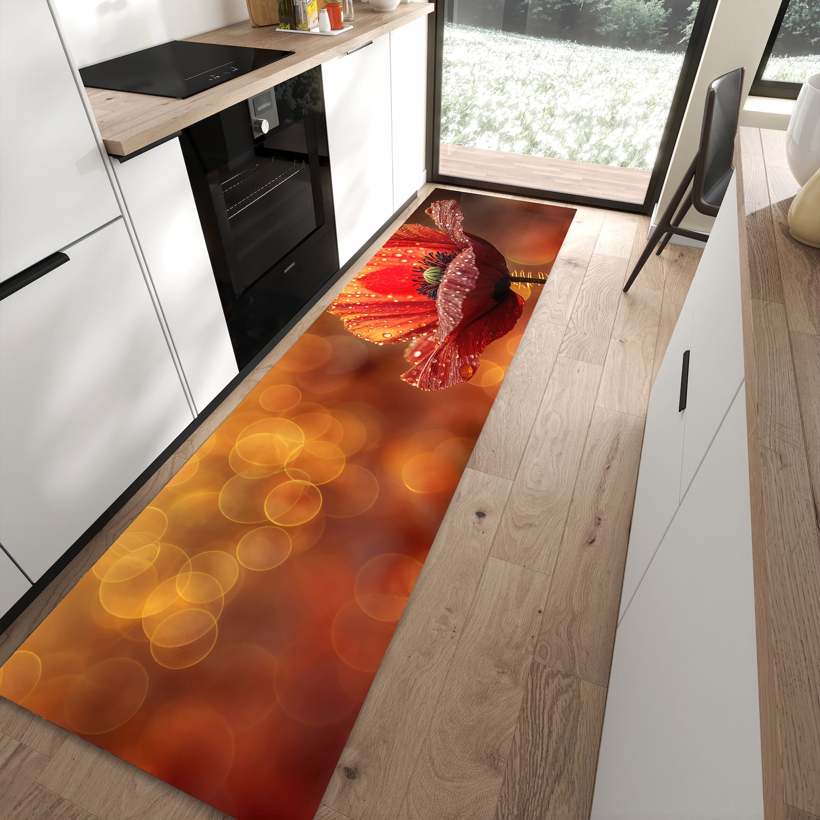 Feuchtigkeitsresistenter rutschfester Küchenläufer mit Motiv Blühende Mohnblume in moderner Küche
