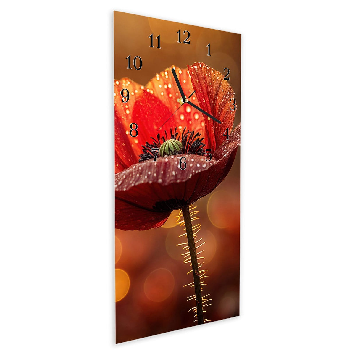 Vormontiert – mit Schwebeeffekt – Wanduhr Blühende Mohnblume aus Glas – Hochformat 30 × 60 cm