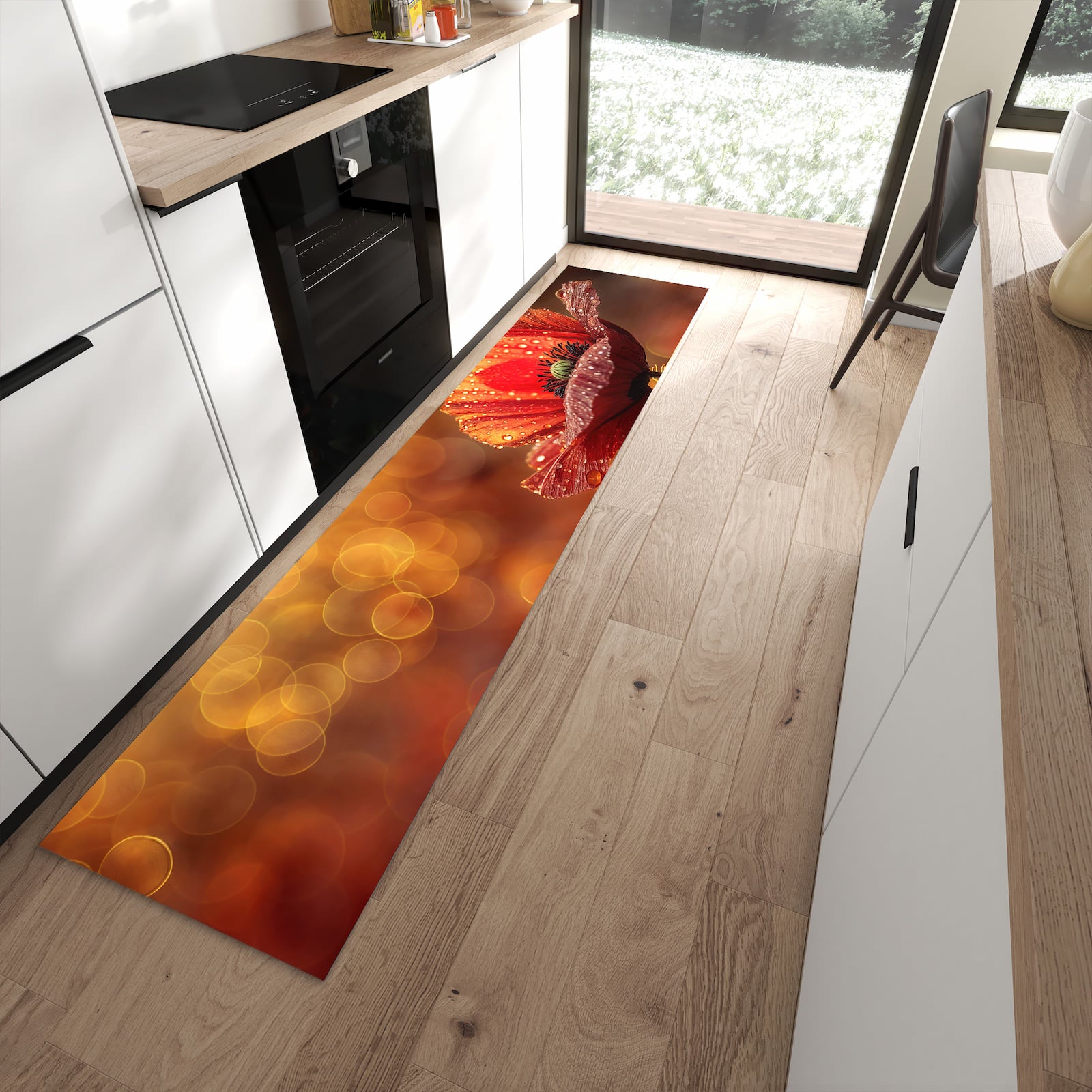 Rutschfester Küchenteppich mit Motiv Blühende Mohnblume für angenehmes Stehen in moderner Küche