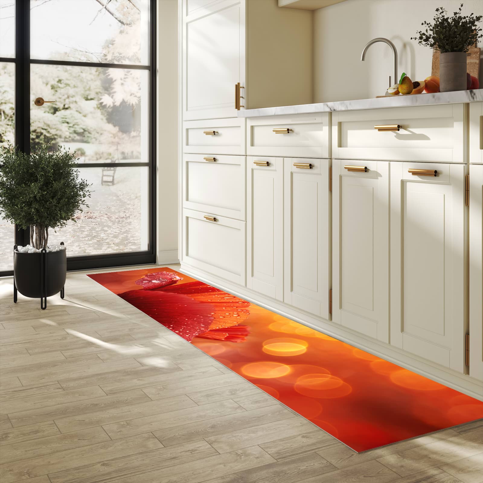 Dünner Küchenteppich mit Motiv Roter Blütentropfen in heller Küche für angenehme Haptik