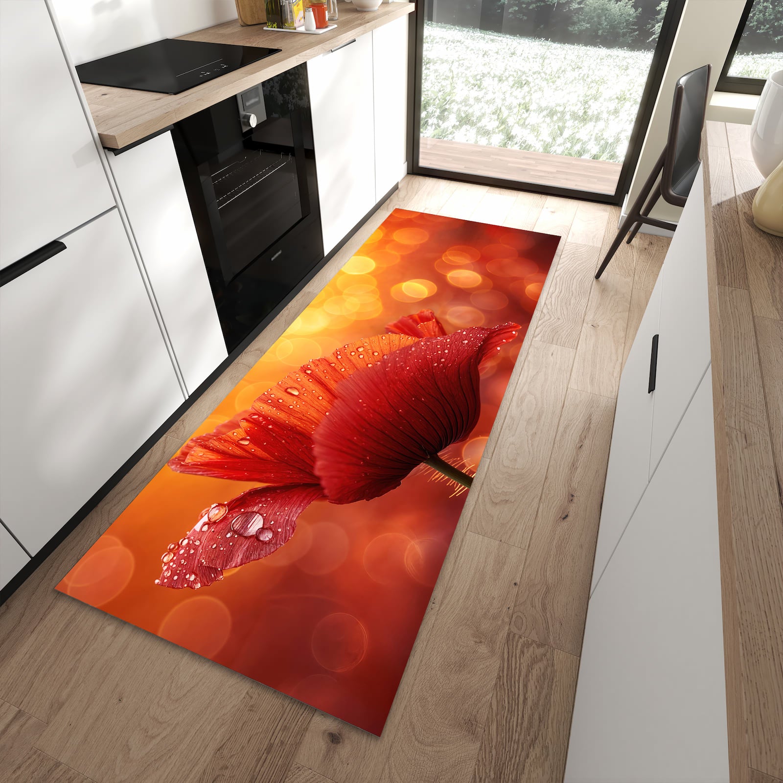 Flacher Küchenteppich mit Motiv Roter Blütentropfen in moderner Küche für rutschfesten Stand