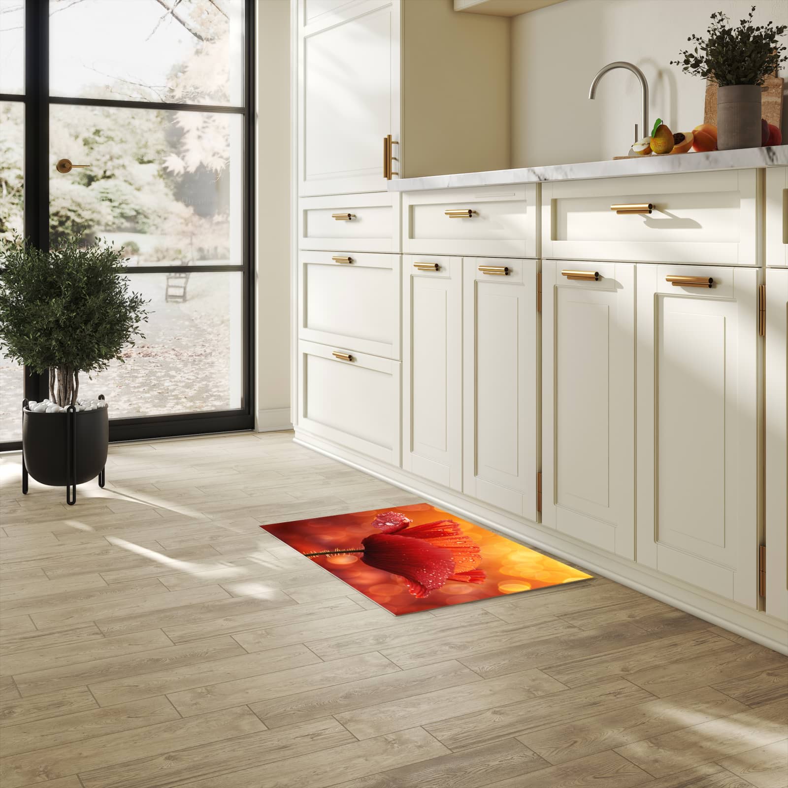Hygienischer rutschfester Küchenteppich mit Motiv Roter Blütentropfen in heller Küche