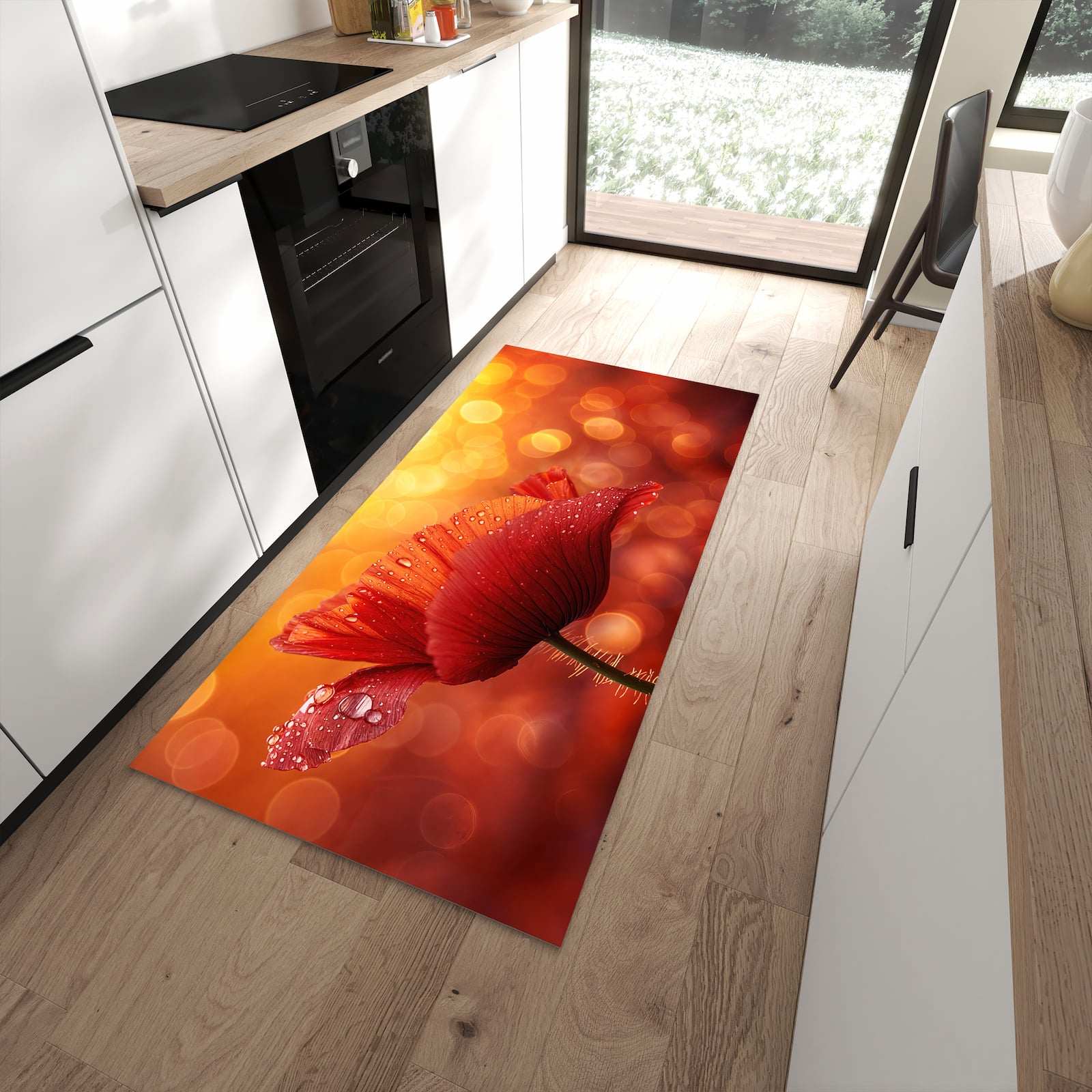 Langlebiger Küchenteppich mit Motiv Roter Blütentropfen in moderner Küche