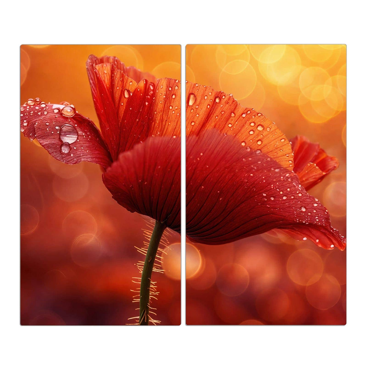Roter Klatschmohn mit vielen Wassertropfen vor goldorangem Bokeh