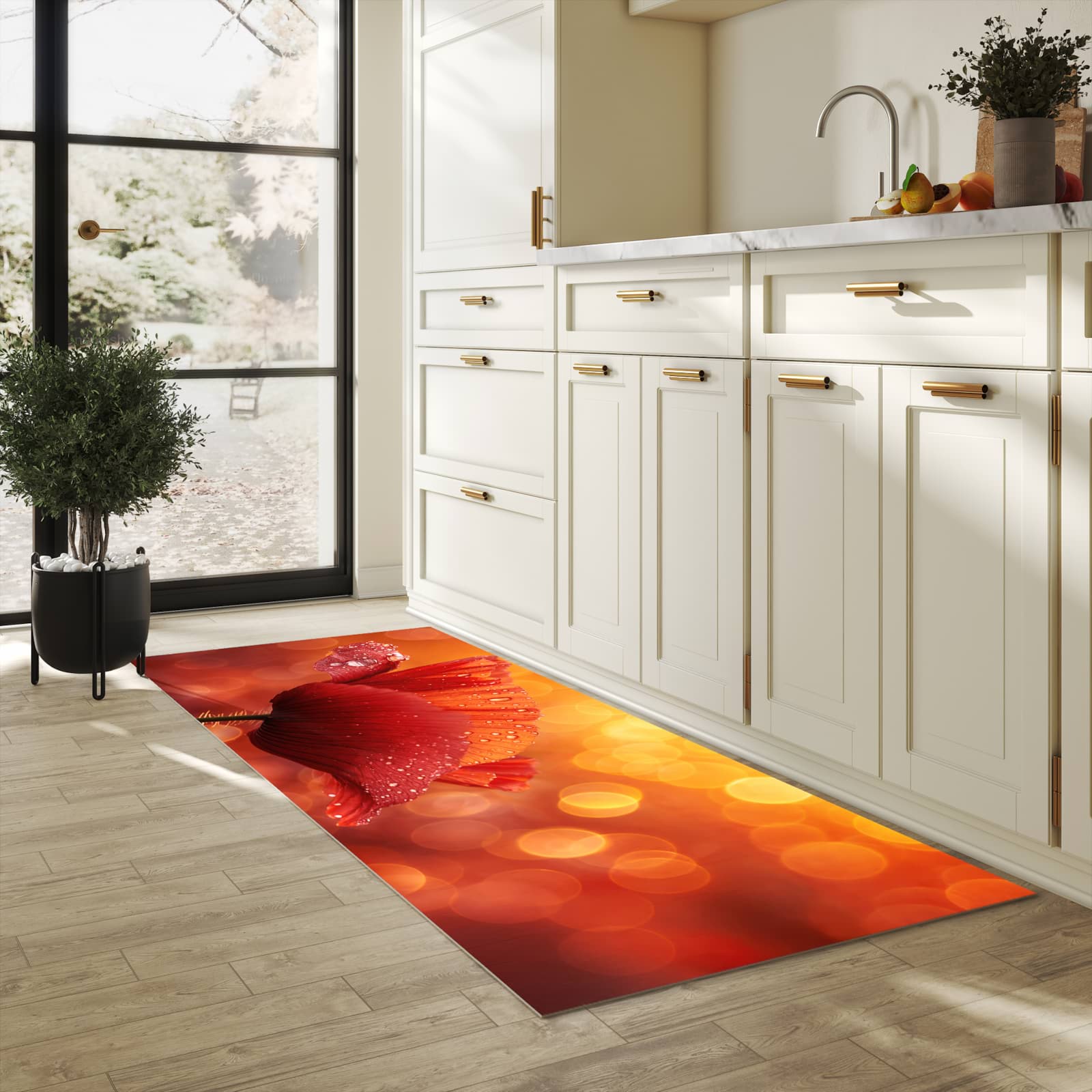 Bodenschonender Bodenläufer-Teppich mit Motiv Roter Blütentropfen in heller Küche