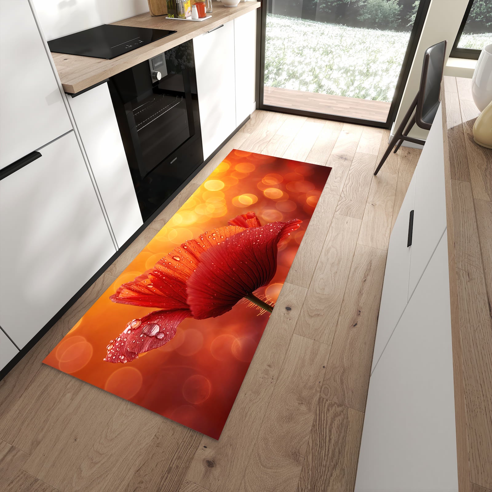 Wasserabweisender Bodenläufer mit Motiv Roter Blütentropfen in moderner Küche
