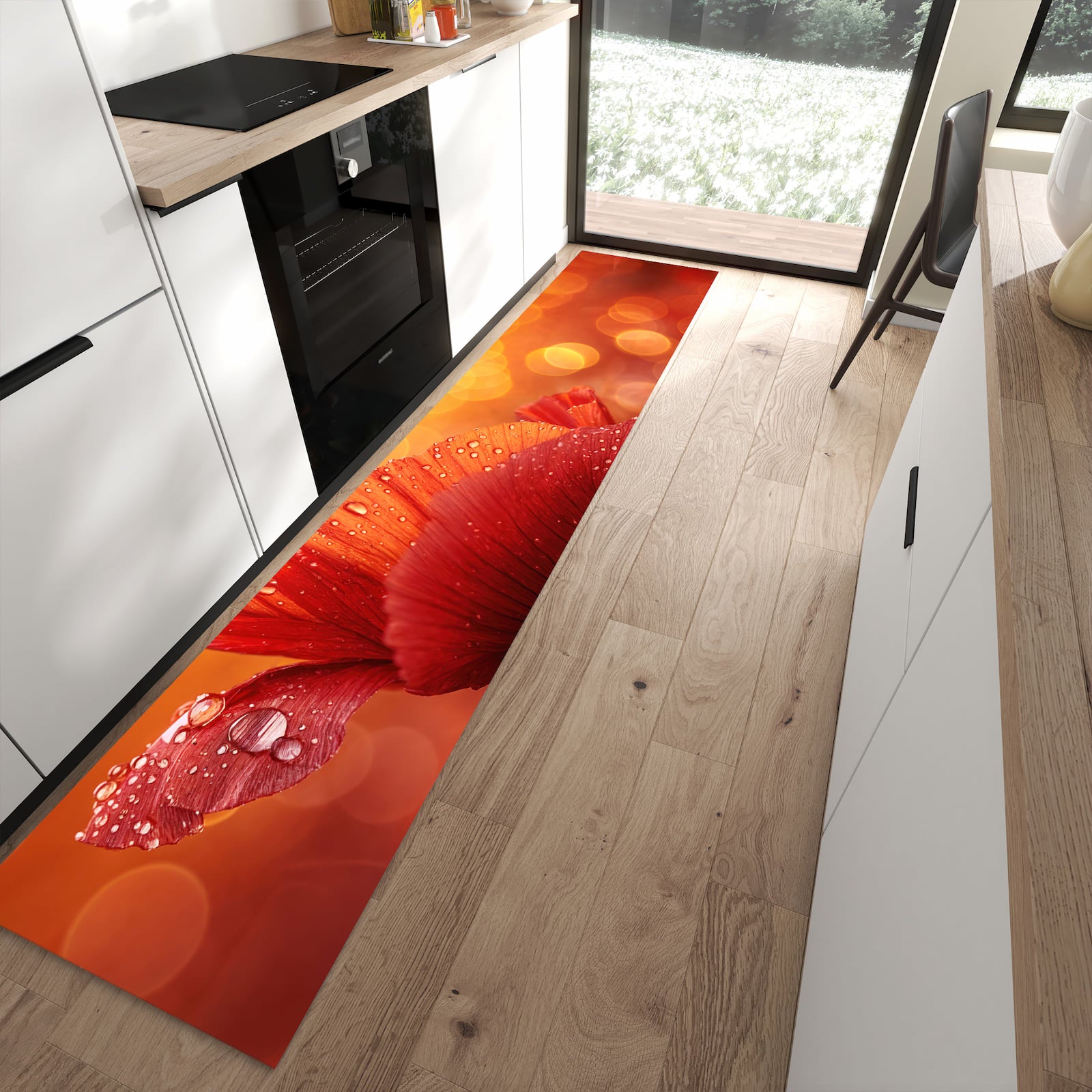 UV-beständiger waschbarer Teppich für Esstisch mit Motiv Roter Blütentropfen in moderner Küche