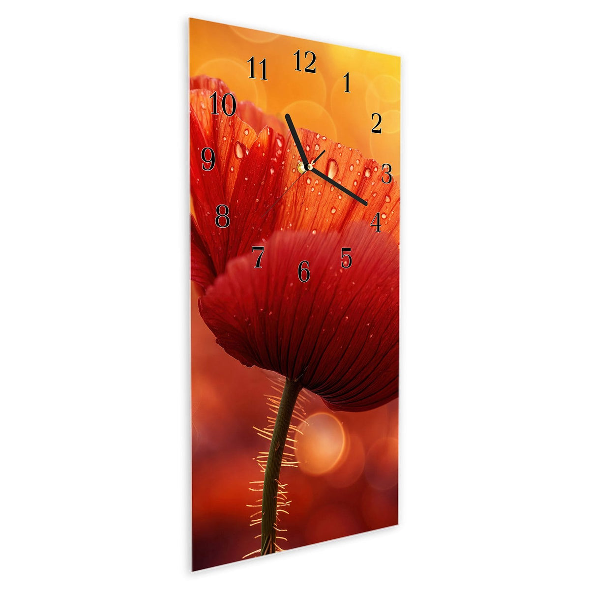Vormontiert – mit Schwebeeffekt – Wanduhr Roter Blütentropfen aus Glas – Hochformat 30 × 60 cm