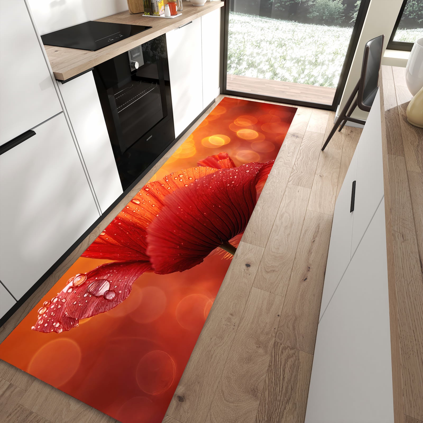 Geruchsneutraler waschbarer Küchenteppich mit Motiv Roter Blütentropfen in moderner Küche