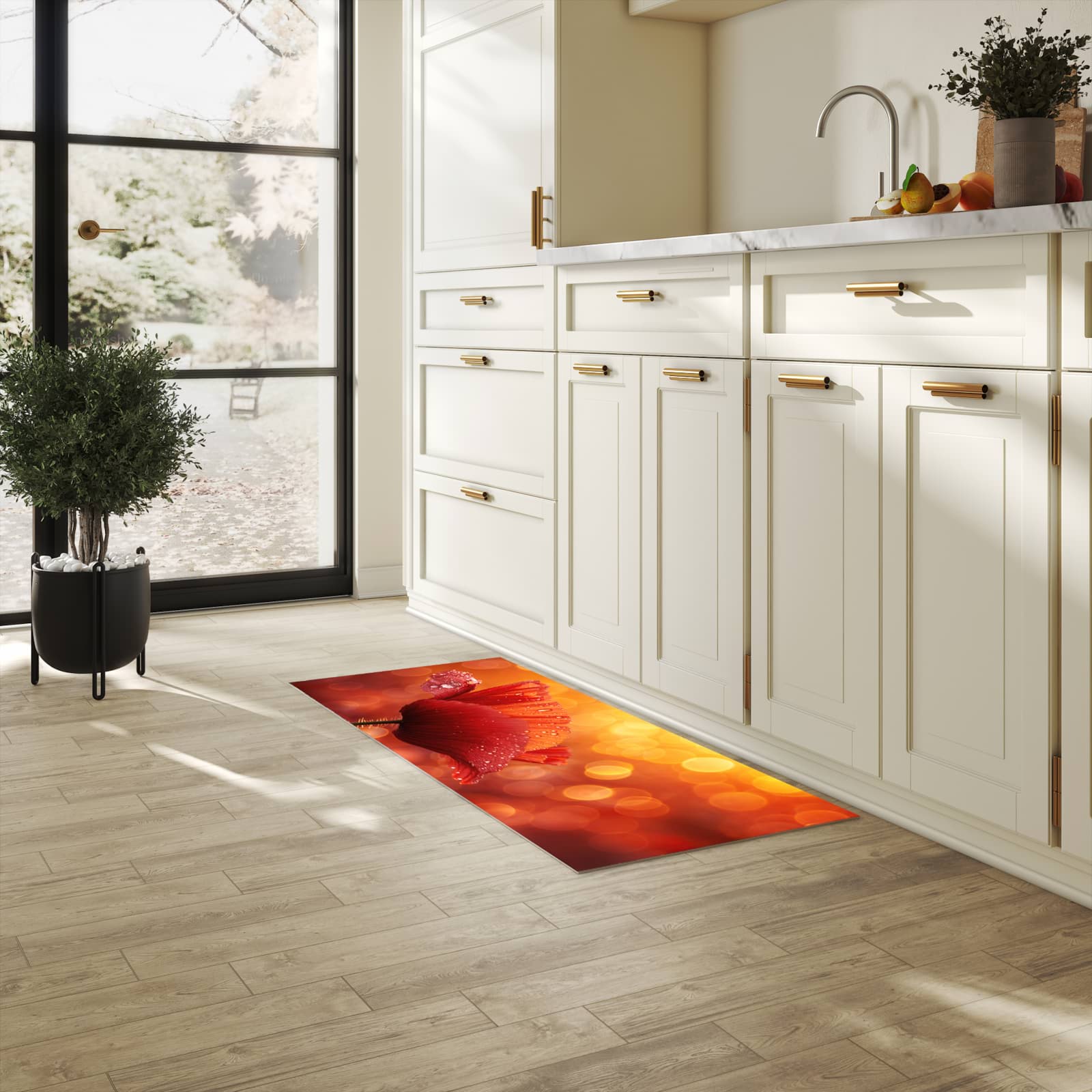 Pflegeleichter waschbarer Küchenläufer mit Motiv Roter Blütentropfen in heller Küche