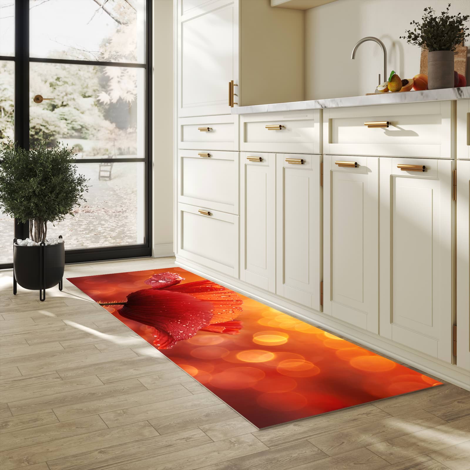 Waschbarer Teppich fürs Esszimmer mit Motiv Roter Blütentropfen in heller Küche