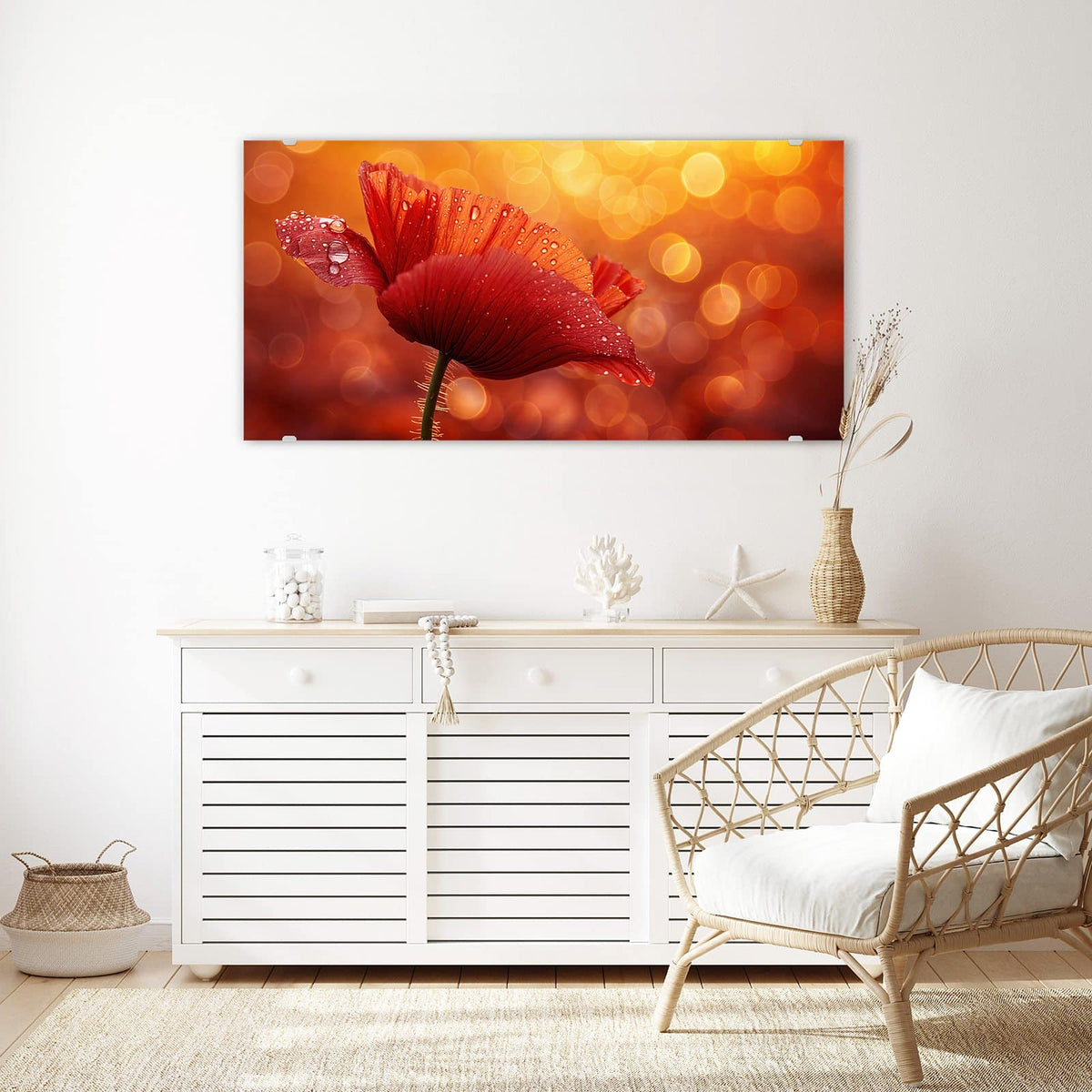 Echtglas, 4 mm – kein Acryl, keine Folie – Wandbild - Mohn mit Tautropfen - Querformat