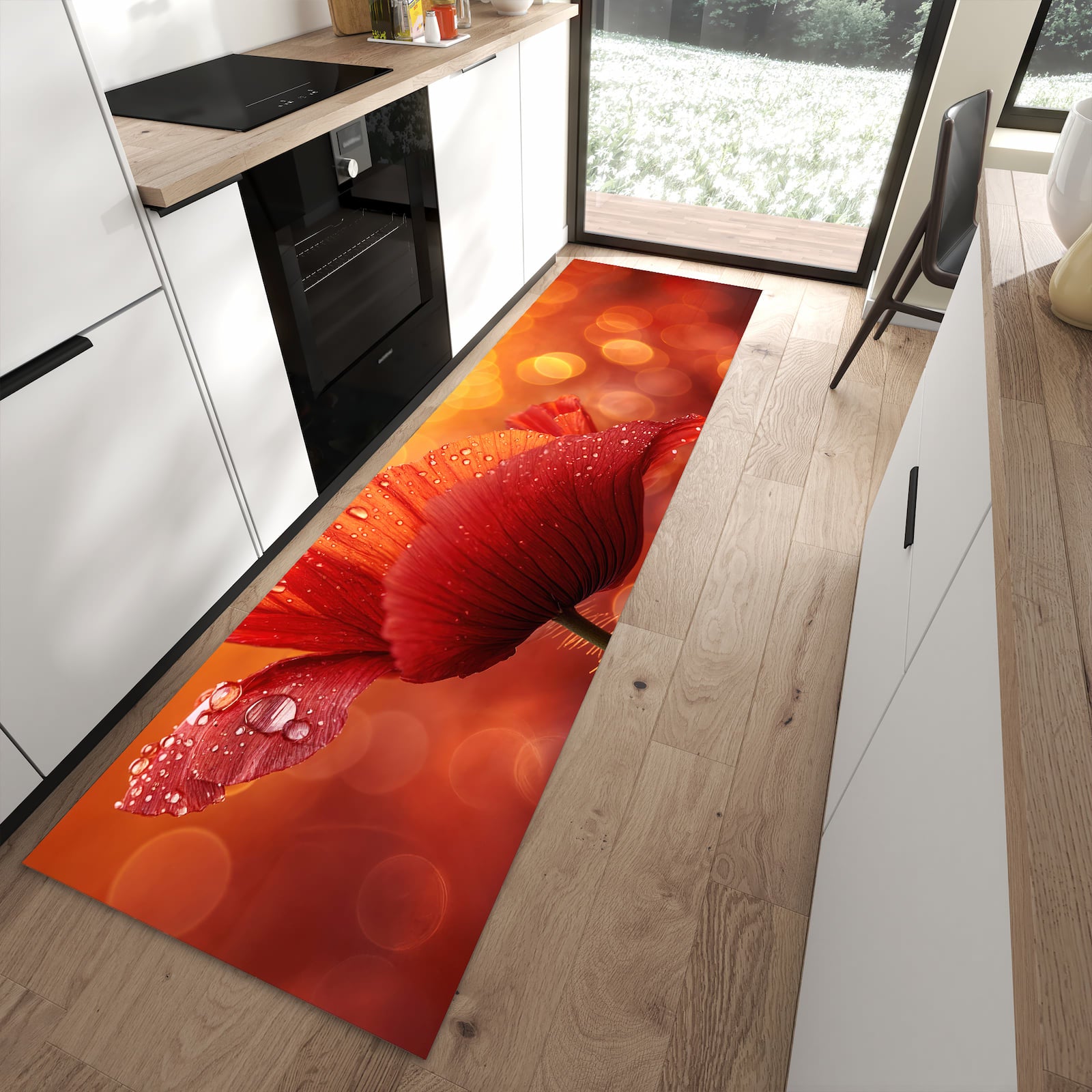Schmutzabweisender Küchenteppich mit Motiv Roter Blütentropfen in moderner Küche