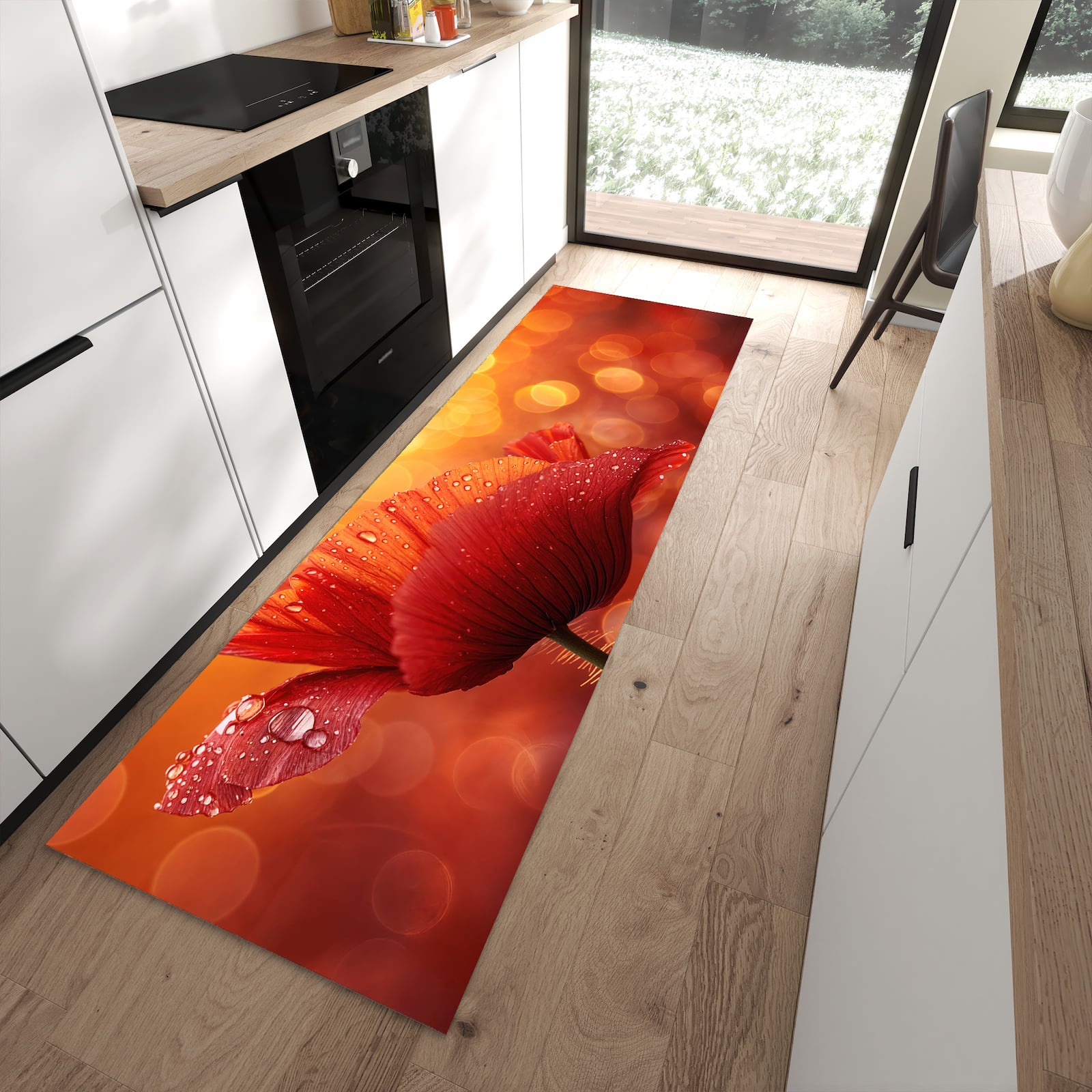 Fleckenresistenter Bodenläufer mit Motiv Roter Blütentropfen in moderner Küche