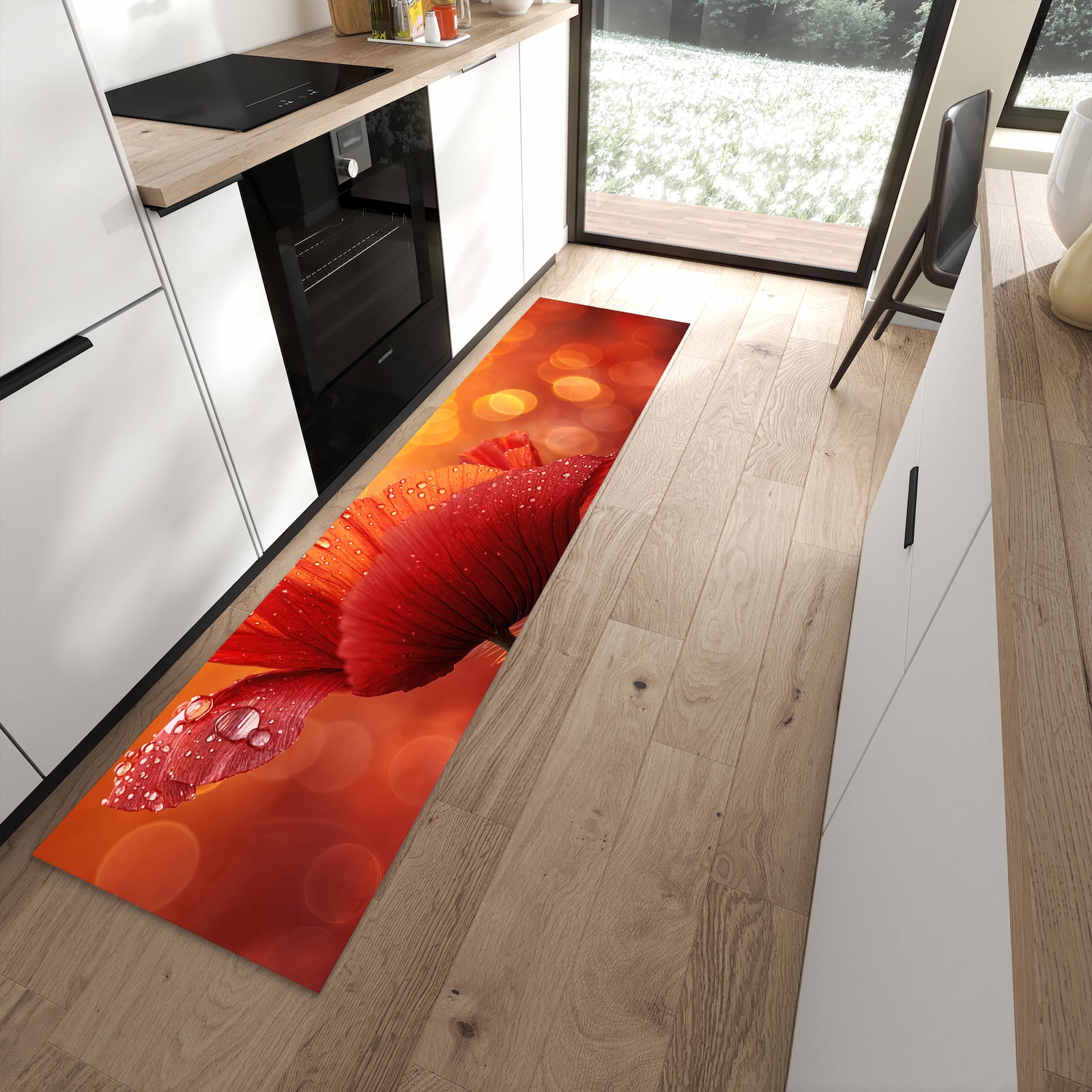 Geräuschdämpfender dünner Küchenteppich mit Motiv Roter Blütentropfen in moderner Küche