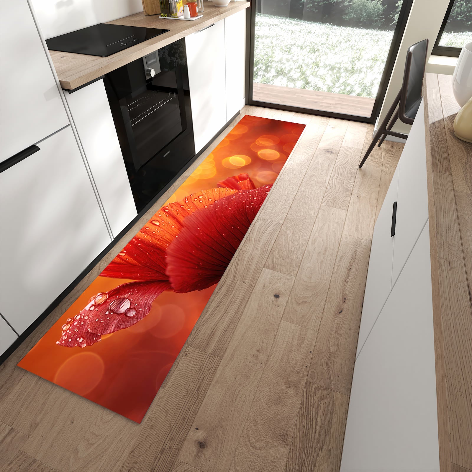 Abriebfester waschbarer Teppich fürs Esszimmer mit Motiv Roter Blütentropfen in moderner Küche