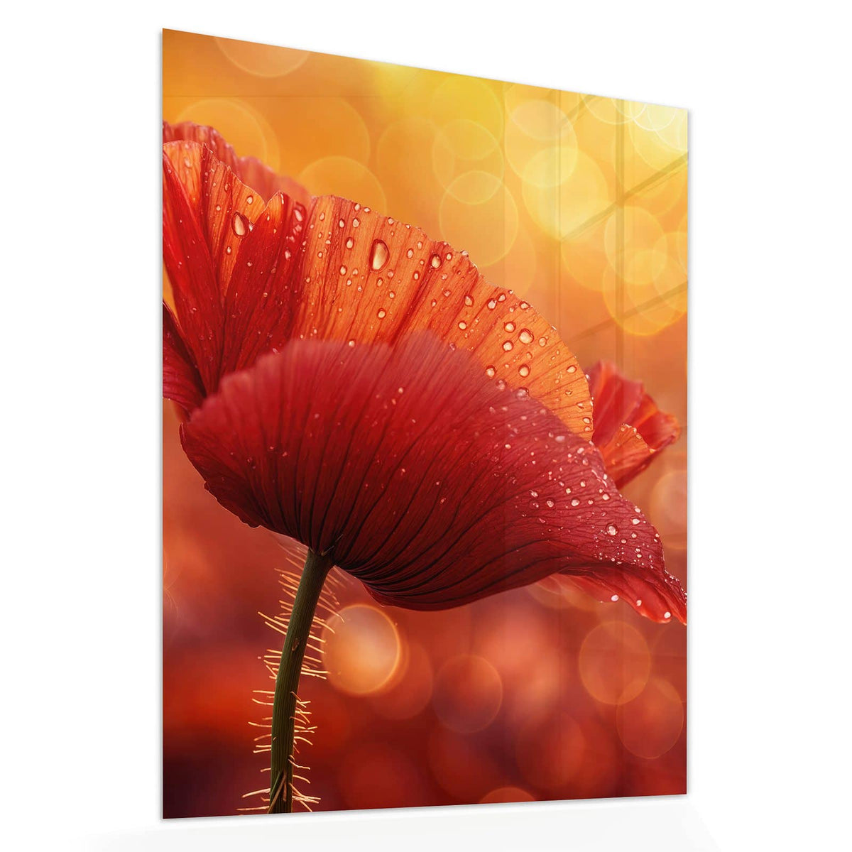 Echtglas, 4 mm – kein Acryl, keine Folie – Wandbild - Mohn mit Tautropfen - Hochformat
