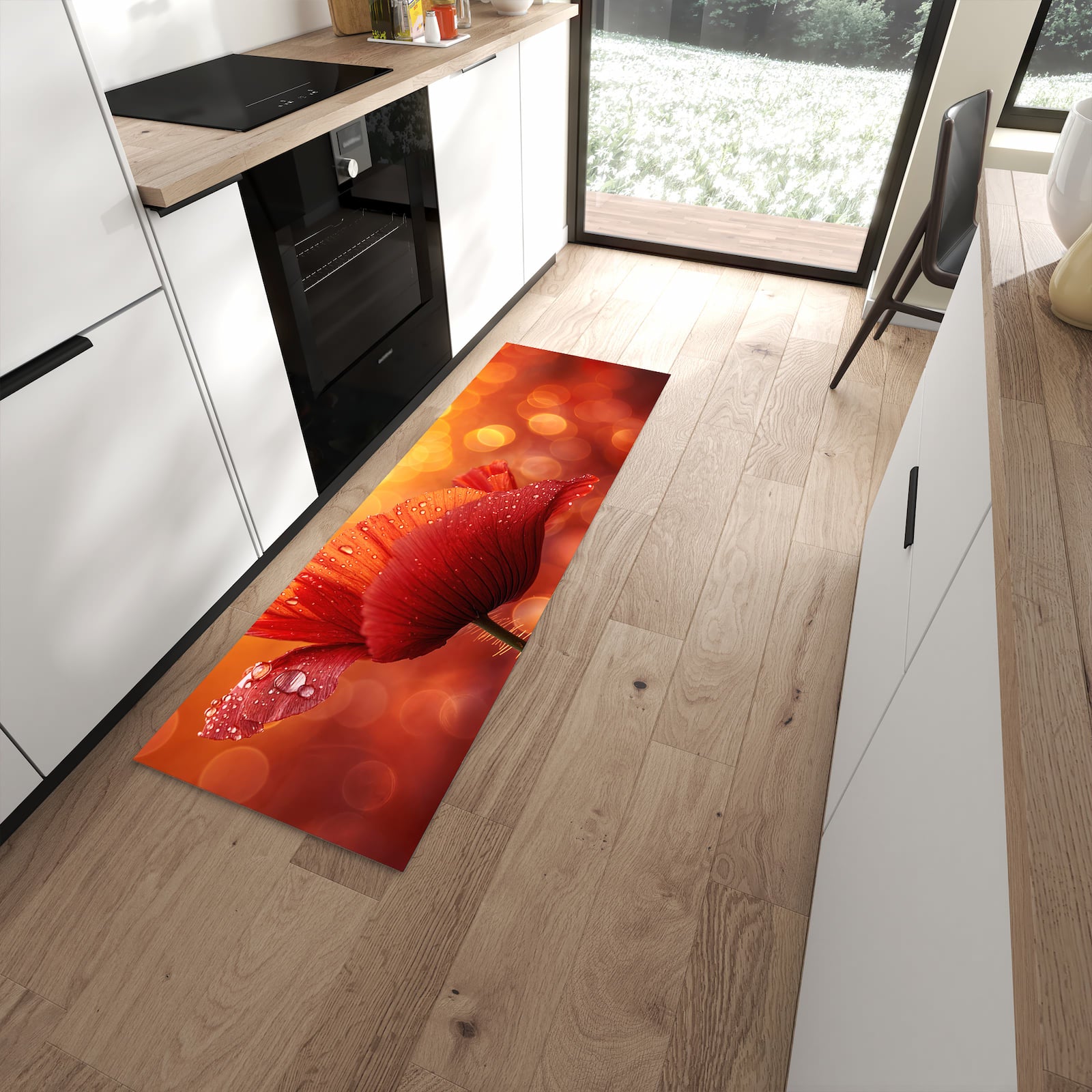 Rutschfester dünner Teppich mit Motiv Roter Blütentropfen spart Zeit in moderner Küche