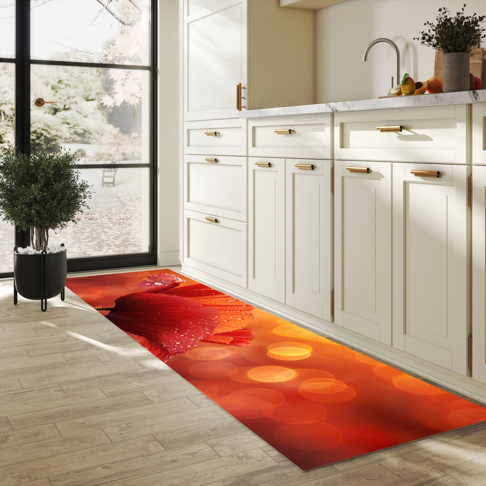 Rutschfester Küchenteppich mit Motiv Roter Blütentropfen in heller Küche