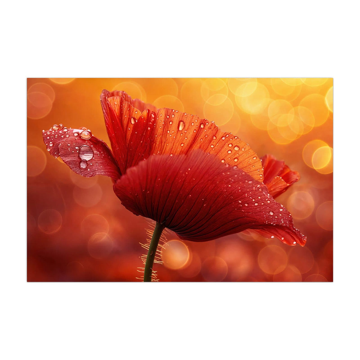 Küchenrückwand aus Glas Mohn mit Tautropfen im Hochformat, Motiv bildfüllend von vorn