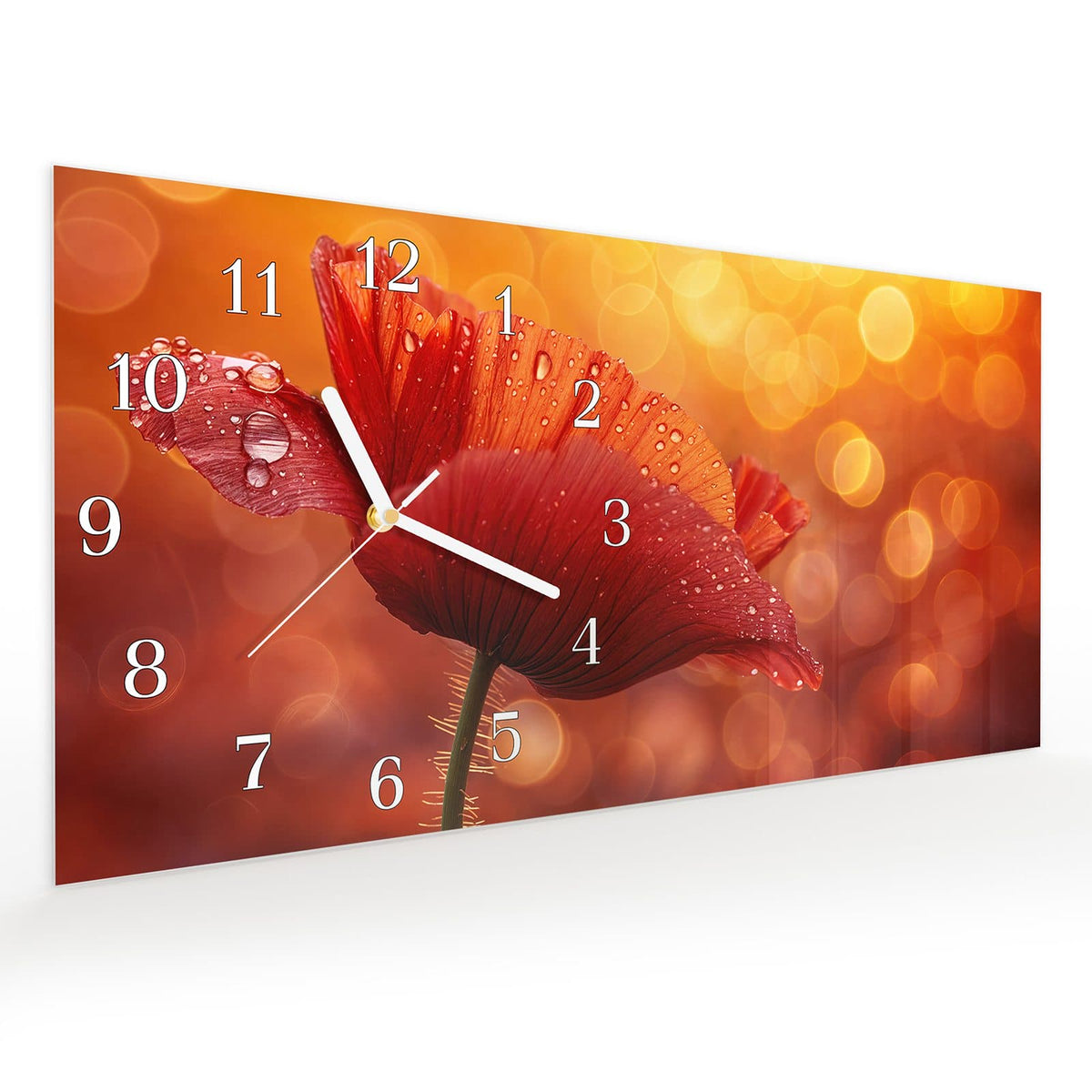 Vormontiert – mit Schwebeeffekt – Wanduhr Roter Blütentropfen aus Glas – Querformat 60 × 30 cm