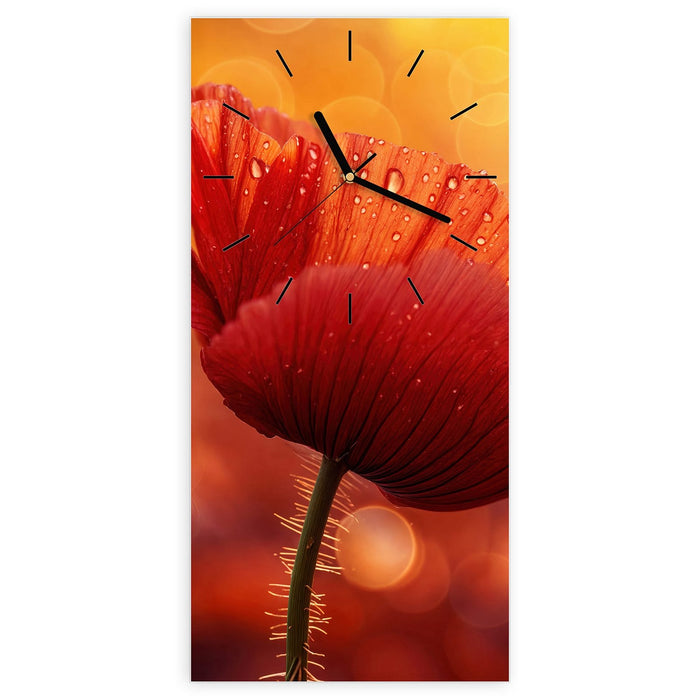 Wanduhr Roter Blütentropfen aus Glas – Hochformat 30 × 60 cm mit Ziffernblatt Linie