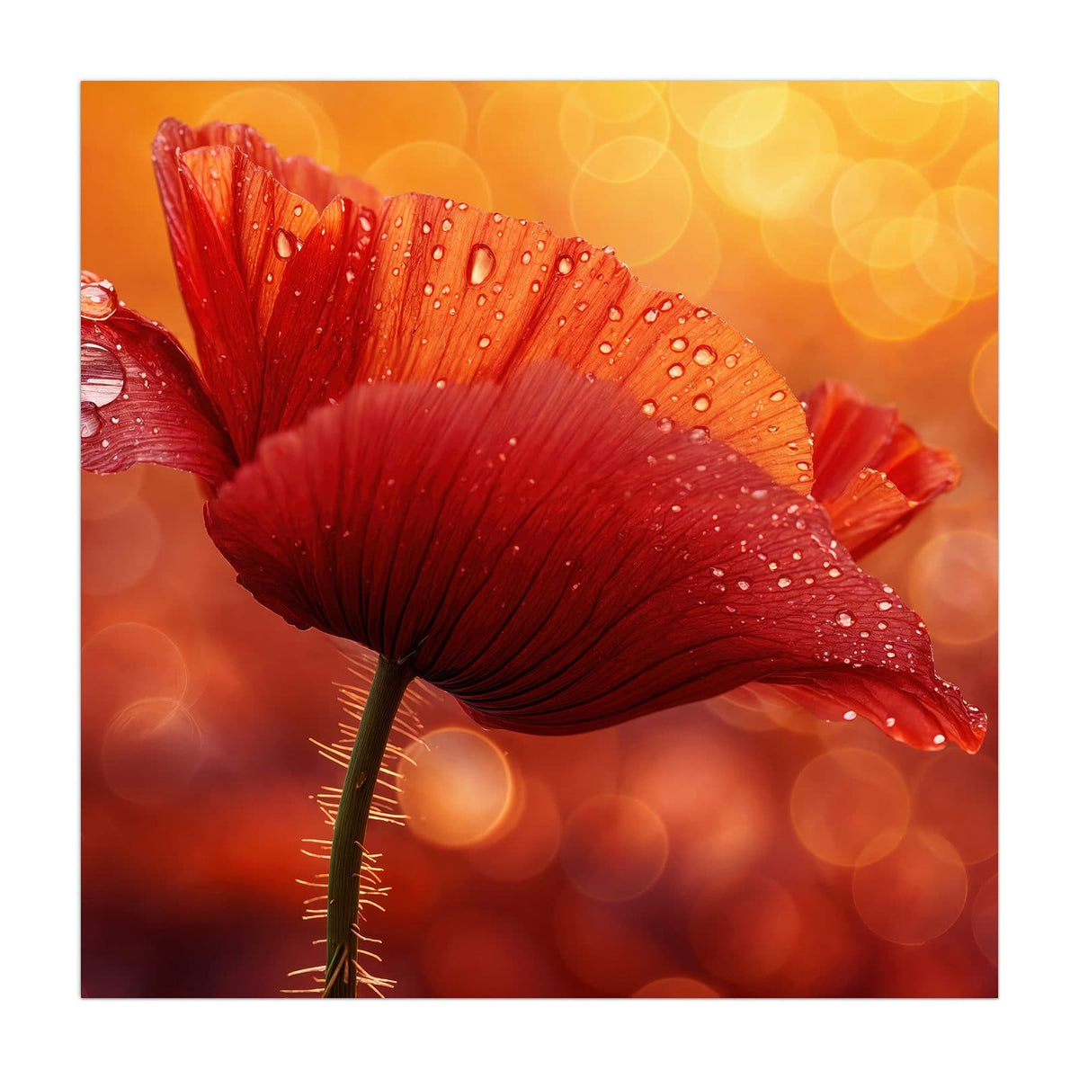 Roter Klatschmohn mit vielen Wassertropfen vor goldorangem Bokeh