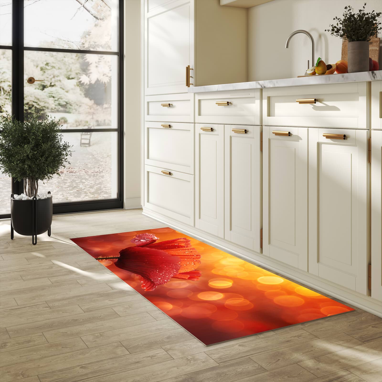 Strapazierfähiger dünner Küchenteppich mit Motiv Roter Blütentropfen in heller Küche