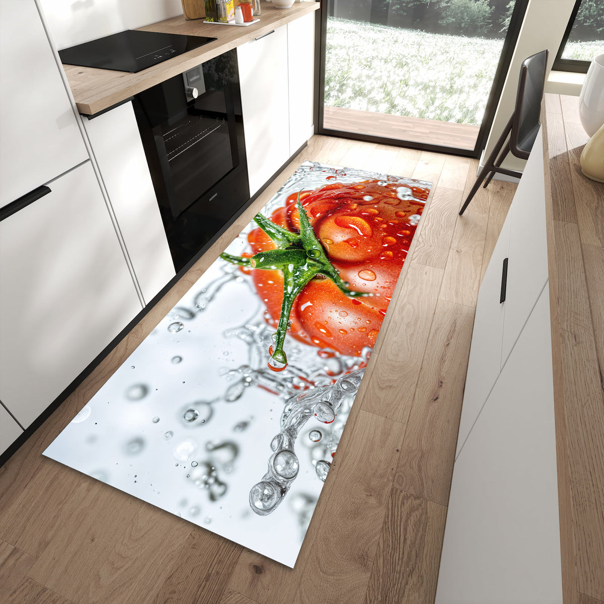 Farbbeständiger Läufer für den Eingangsbereich mit Motiv Tomate im Wasser in moderner Küche