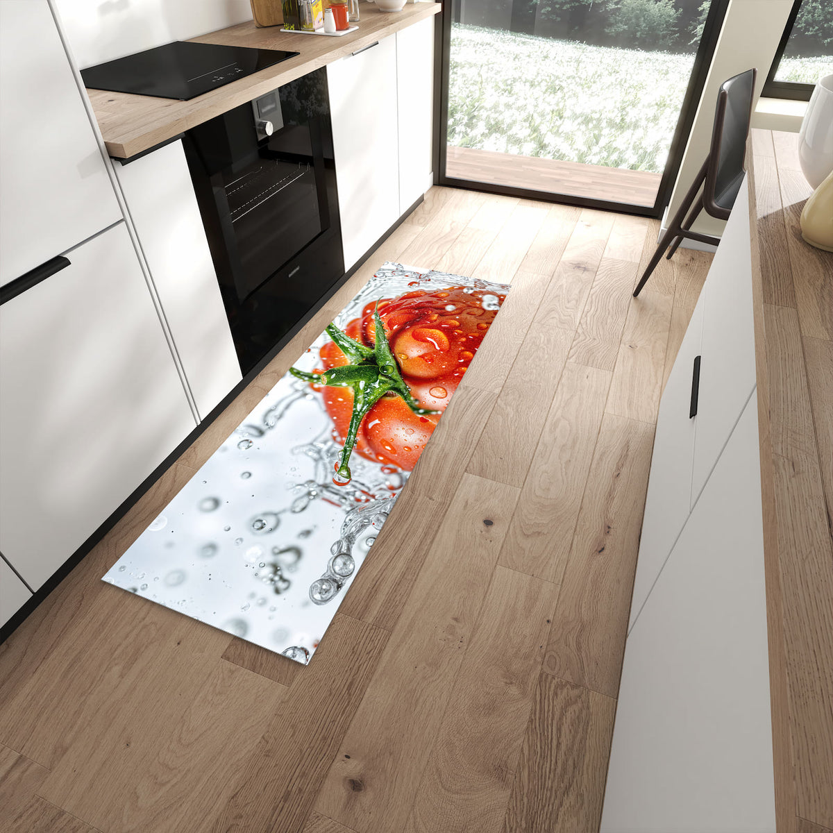 Küchenteppich mit Motiv Tomate im Wasser für angenehme Haptik in moderner Küche