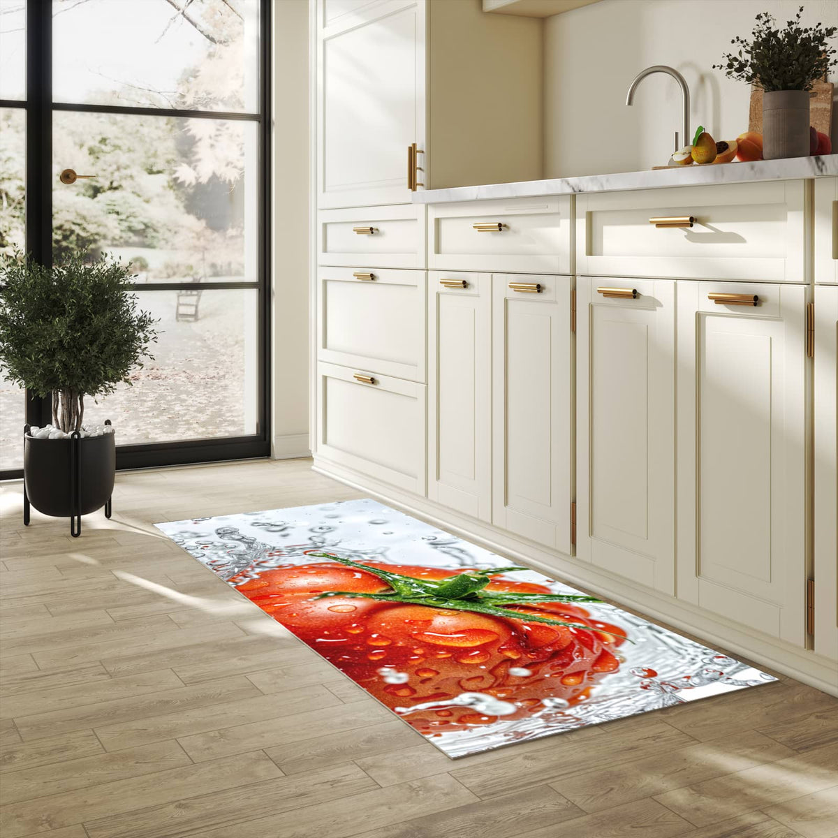 Küchenteppich mit Motiv Tomate im Wasser für Trittkomfort in heller Küche