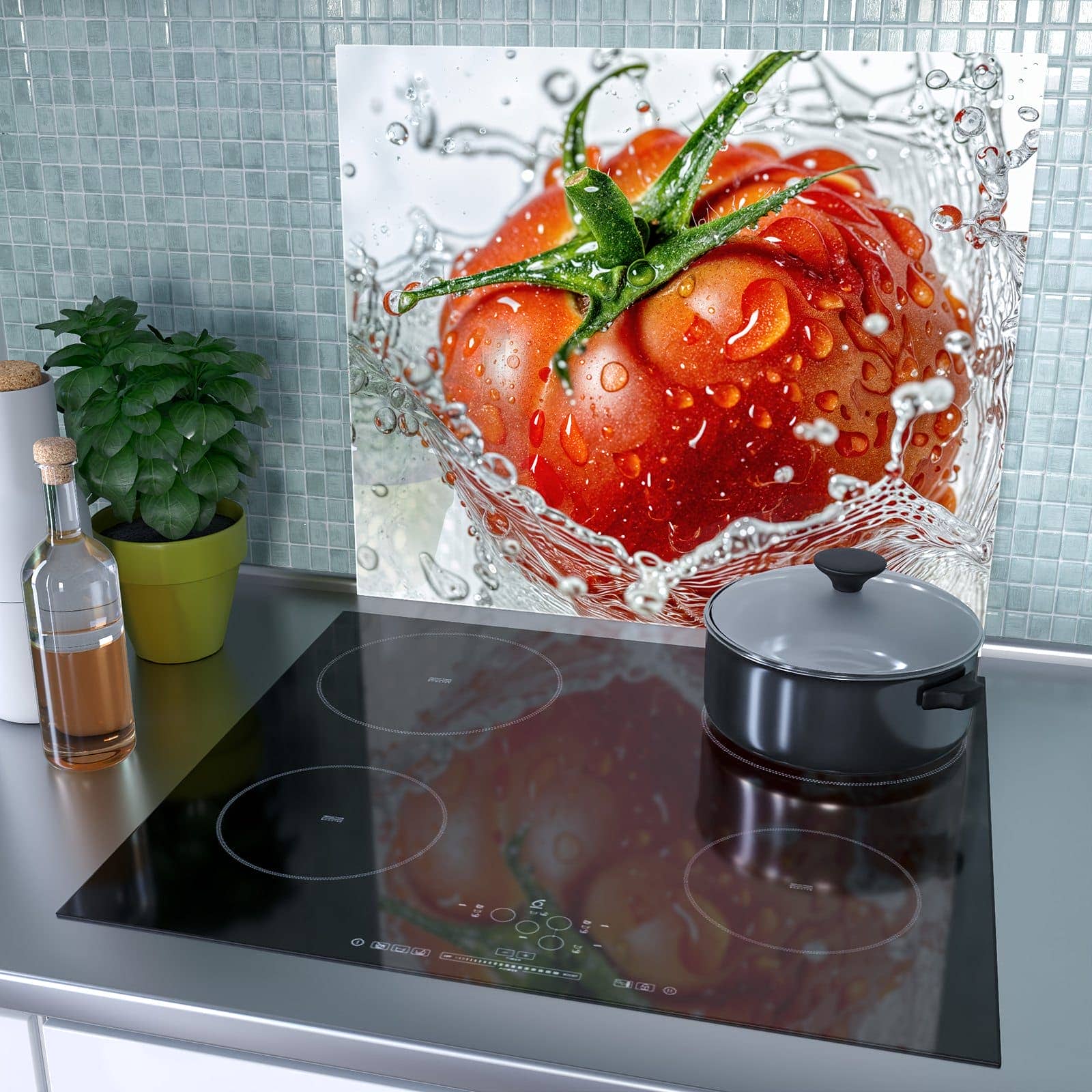 1-teilige Herdabdeckplatte mit Tomate im Wasser-Motiv als Spritzschutz hinter dem Kochfeld
