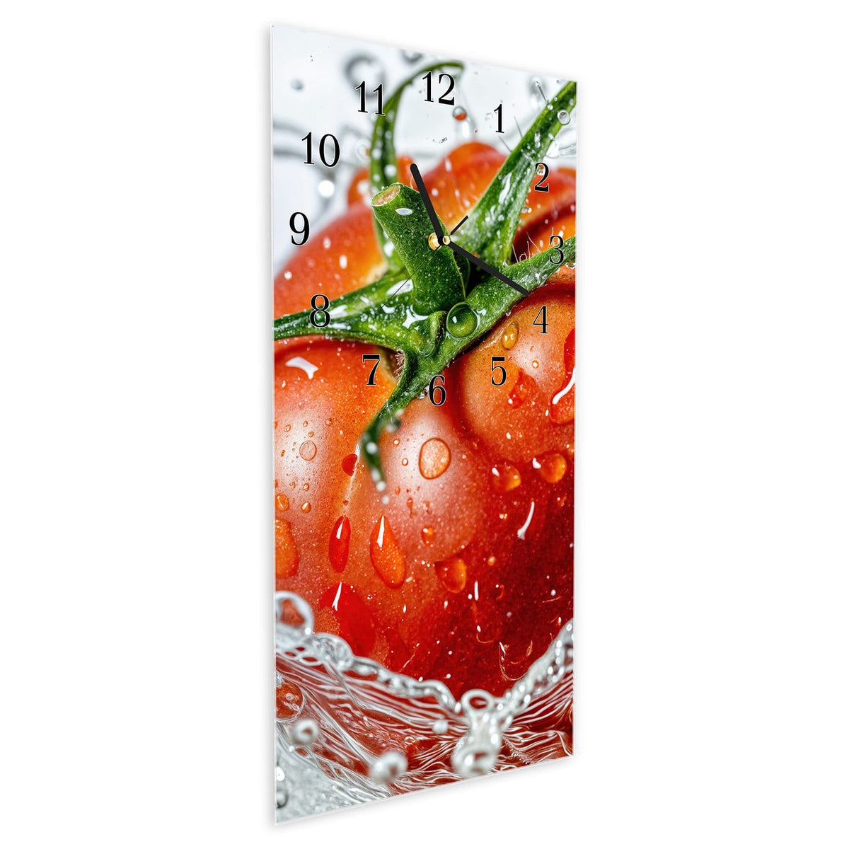 Vormontiert – mit Schwebeeffekt – Wanduhr Tomate im Wasser aus Glas – Hochformat 30 × 60 cm