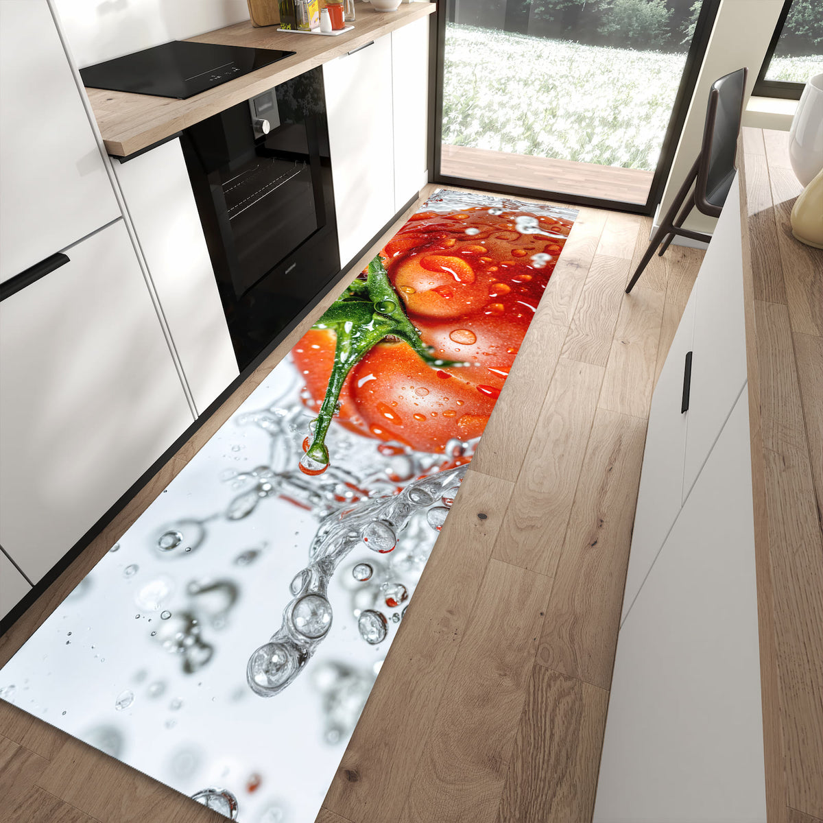 Waschbarer Küchenläufer mit Motiv Tomate im Wasser für Ordnung in moderner Küche