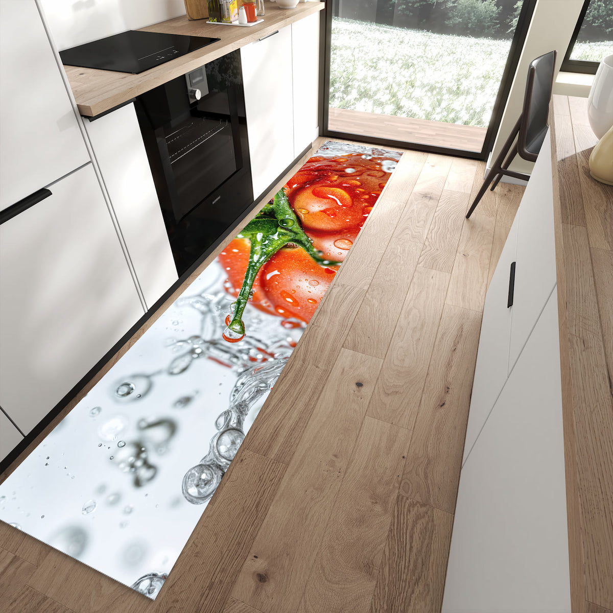 Waschbarer Küchenteppich mit Motiv Tomate im Wasser in moderner Küche