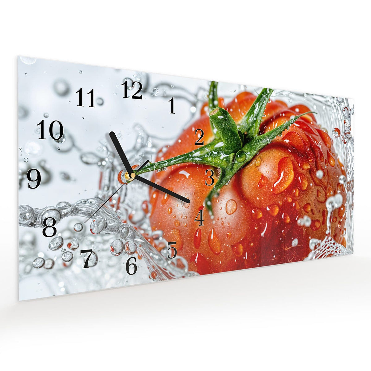 Vormontiert – mit Schwebeeffekt – Wanduhr Tomate im Wasser aus Glas – Querformat 60 × 30 cm