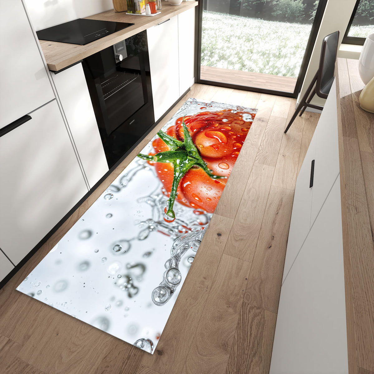 Feuchtigkeitsresistenter Teppichläufer mit Motiv Tomate im Wasser in moderner Küche