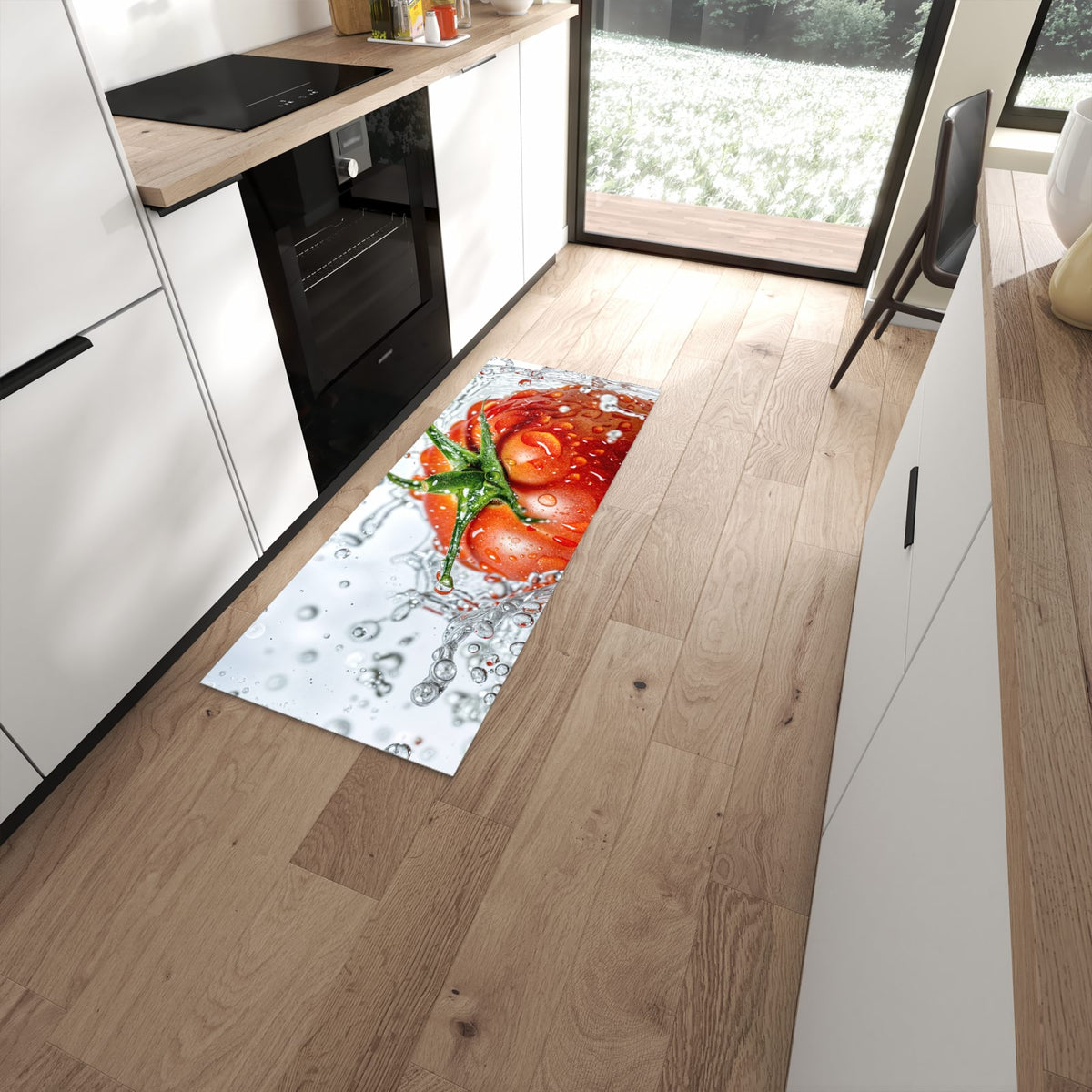 Pflegeleichter Küchenläufer mit Motiv Tomate im Wasser in moderner Küche #grösse_60 x 150 cm