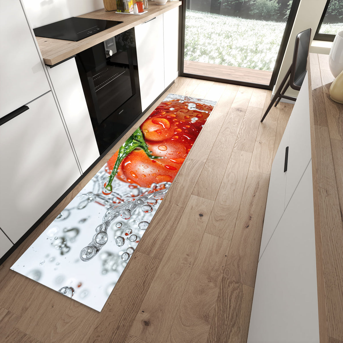 Hygienischer Küchenteppich mit Motiv Tomate im Wasser in moderner Küche