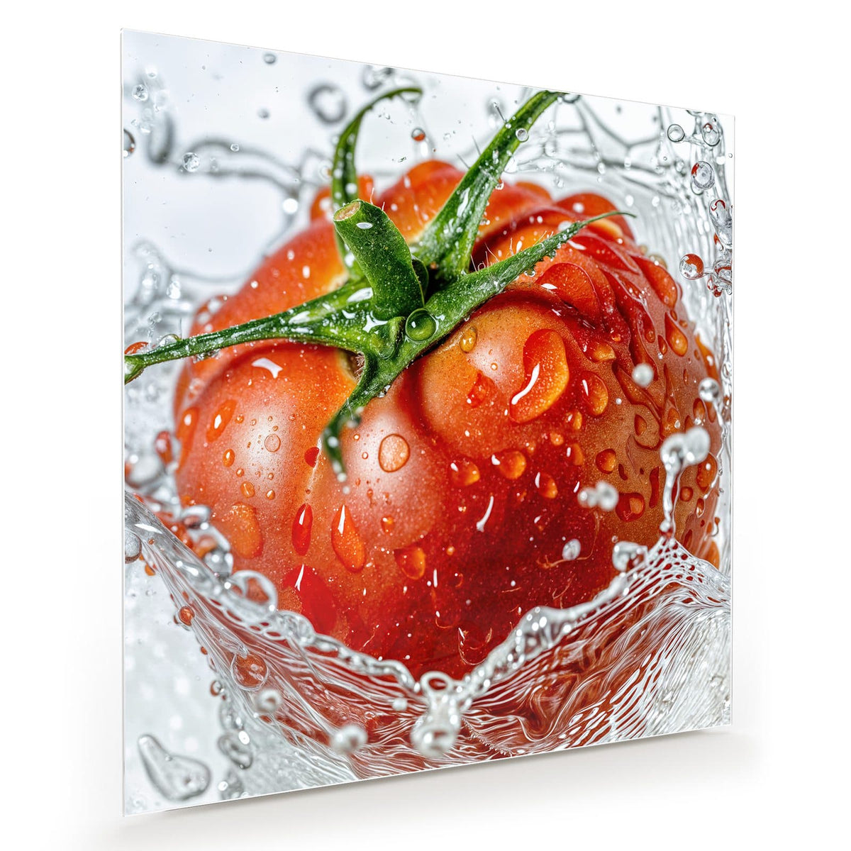 Reife Tomate mit Strunk in einer aufspritzenden Wasserkrone