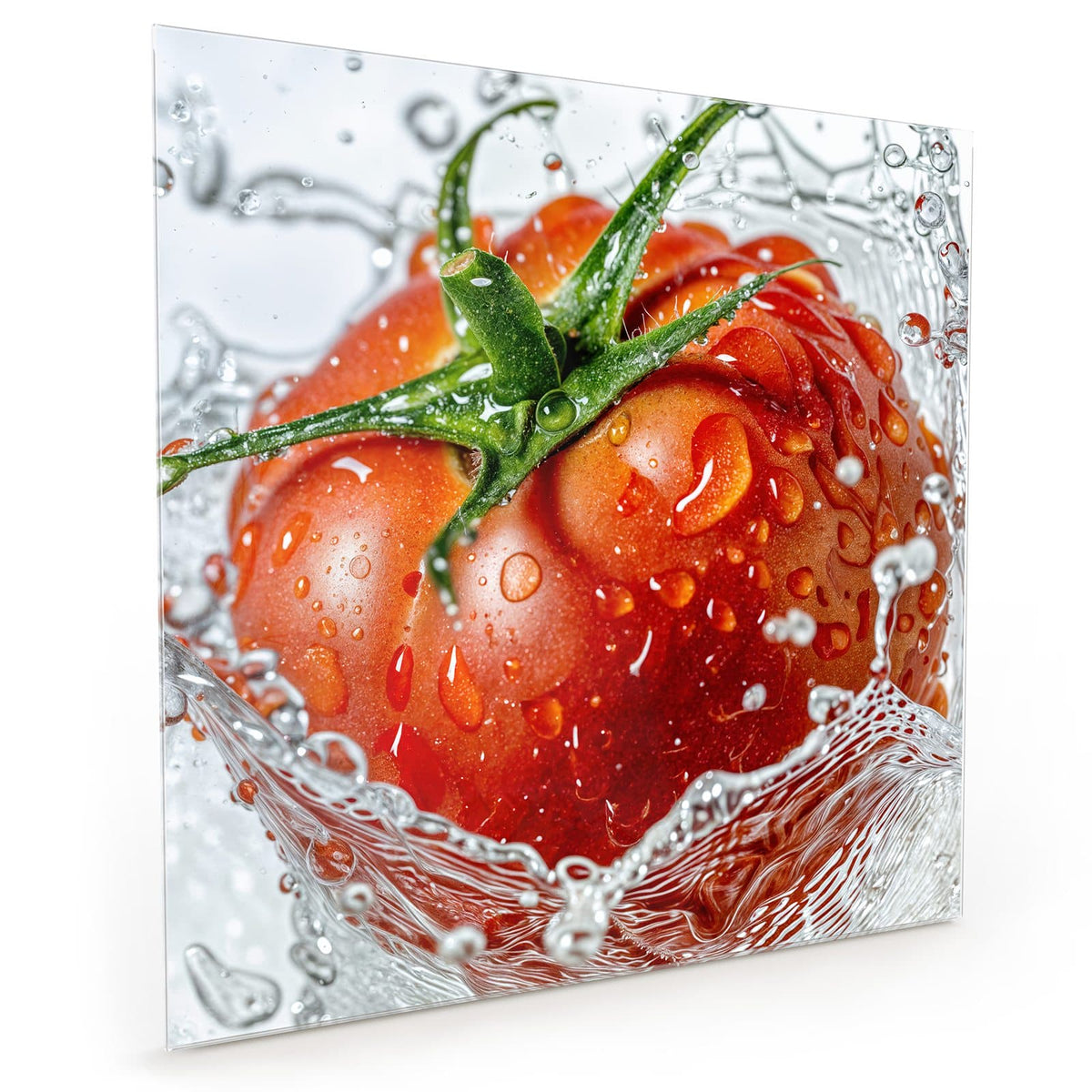 Küchenrückwand aus Glas im quadratischen Format: Reife Tomate mit Strunk in einer aufspritzenden Wasserkrone #grösse_40 x 40 cm #grösse_50 x 50 cm #grösse_60 x 60 cm