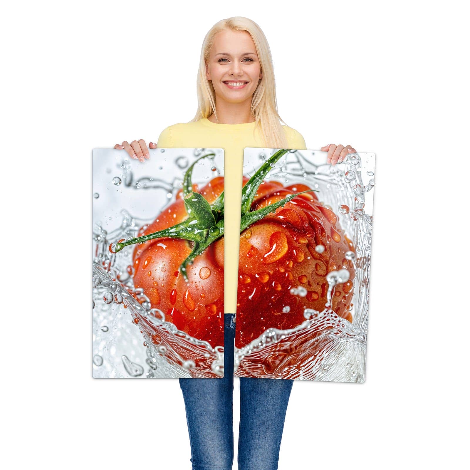 2-teilige Ceranfeld Abdeckplatten mit Tomate im Wasser-Motiv wird zur Größendarstellung gehalten