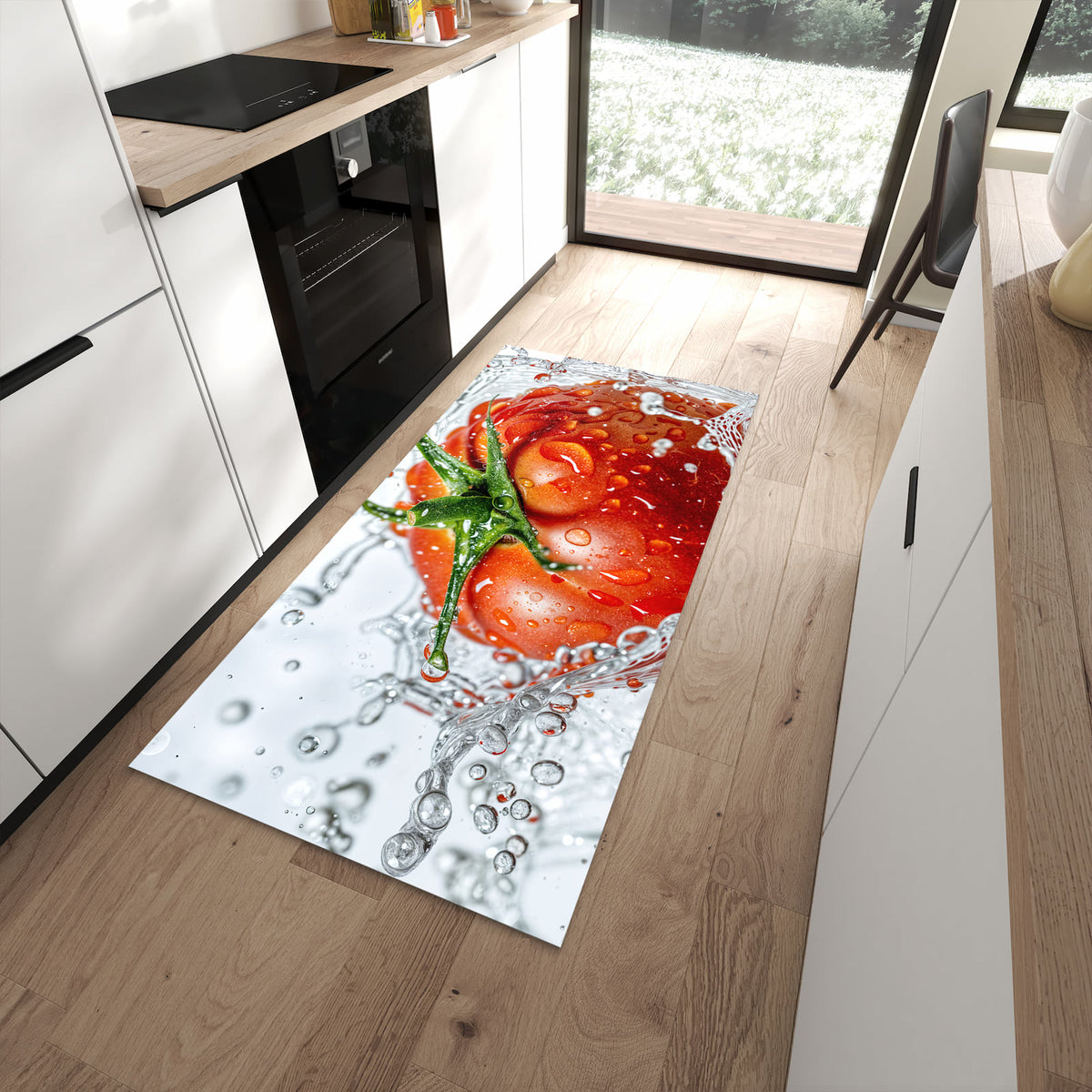 Bodenschonender langer Teppich mit Motiv Tomate im Wasser in moderner Küche