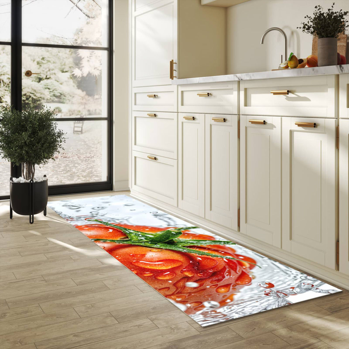 Fleckenresistenter waschbarer Teppich Küche mit Motiv Tomate im Wasser in heller Küche