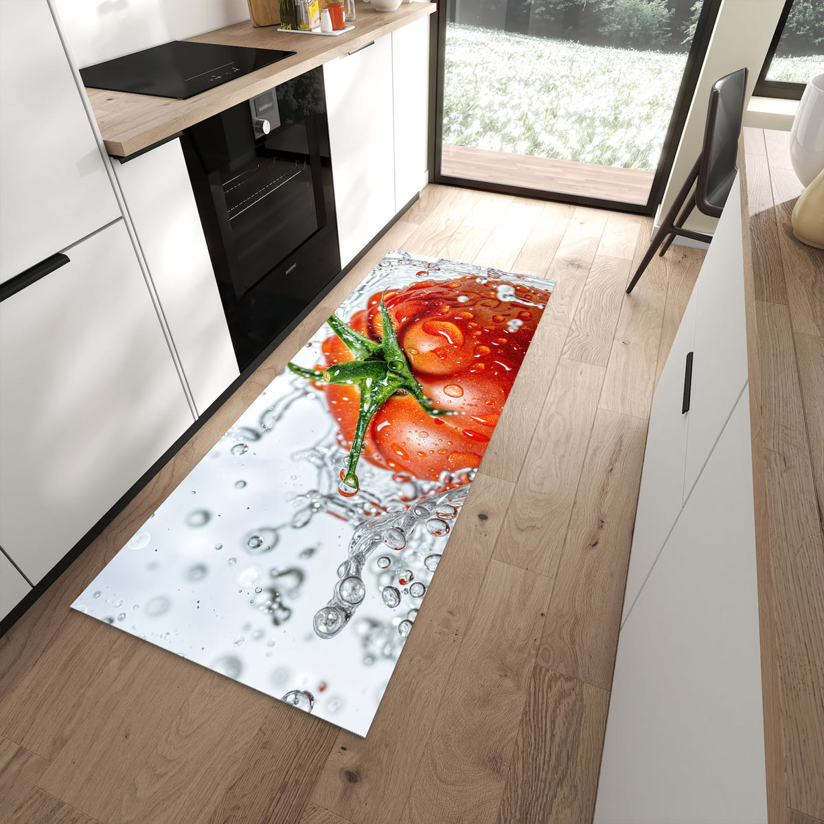 Rutschfester Küchenläufer mit Motiv Tomate im Wasser in moderner Küche