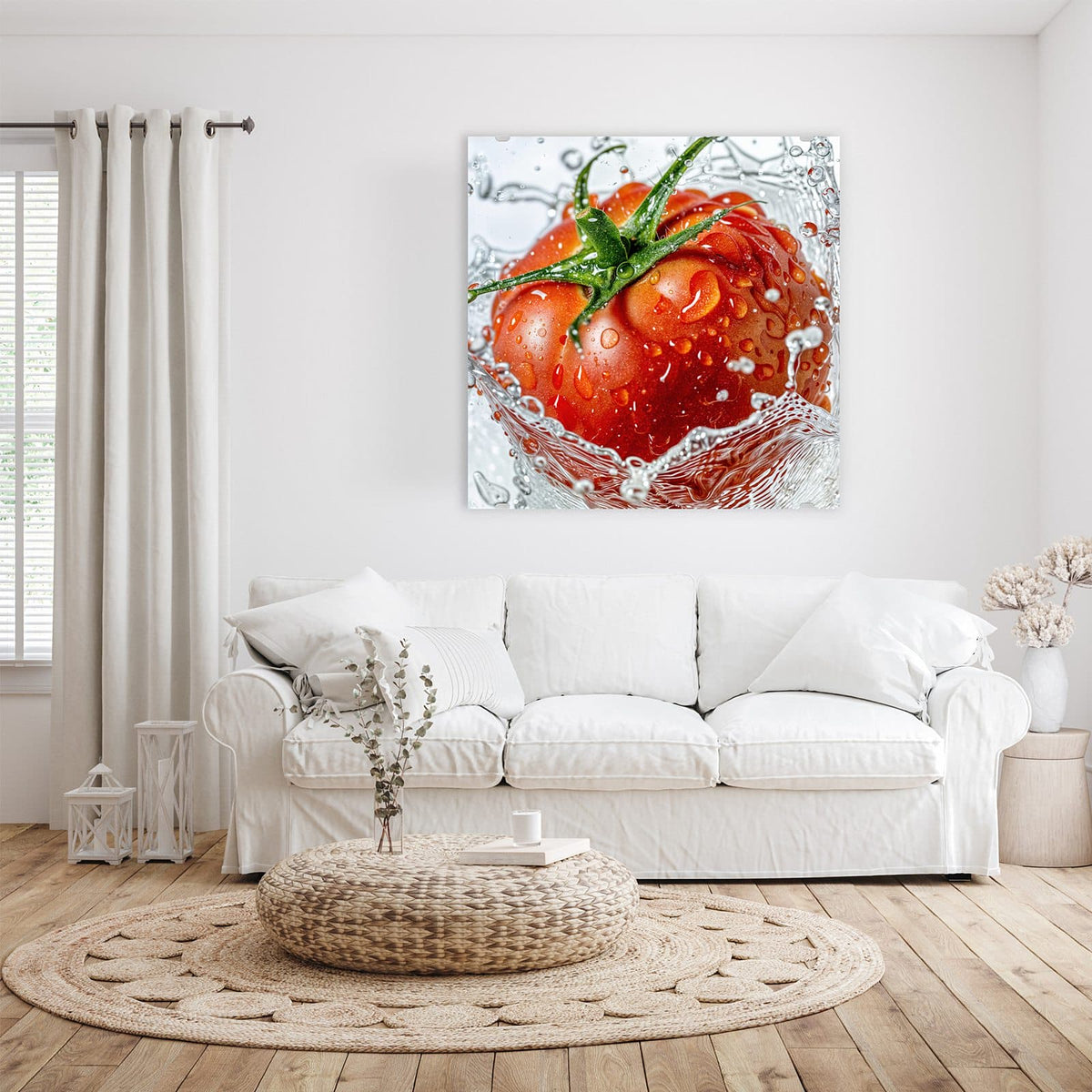 Glasbild Tomate im Wasser an der Wand – Reife Tomate mit Strunk in einer aufspritzenden Wasserkrone